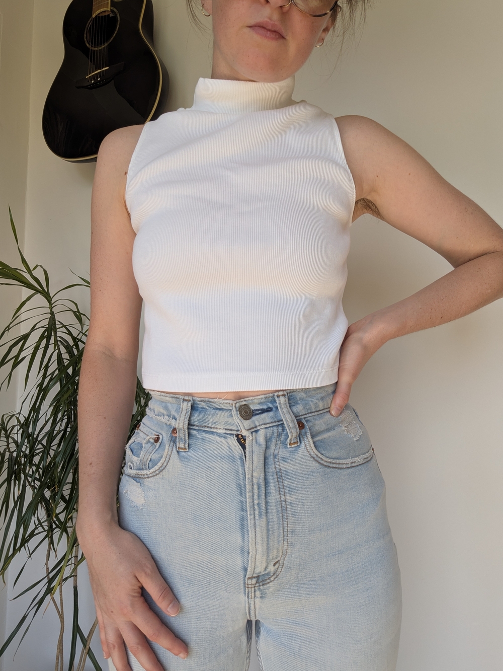 Everlane White Ribbed Sleeveless Mock Neck Crop Top